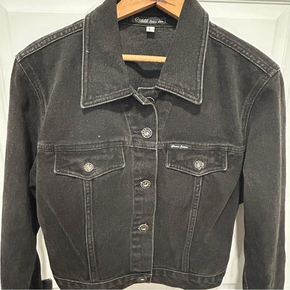 Vintage 90's GUESS Jeans Women's Black Denim Trucker Jacket Cotton Size Large - Picture 1 of 7